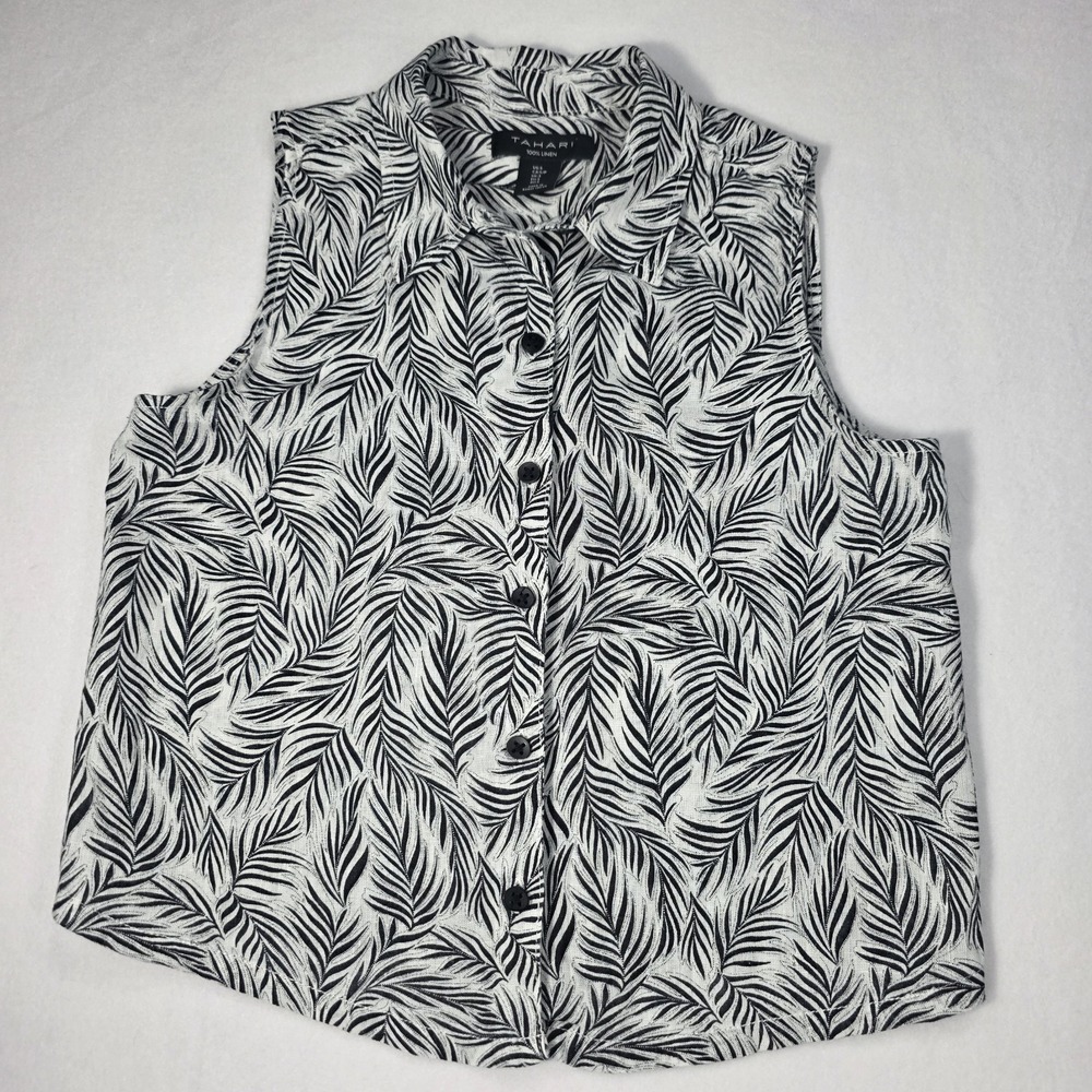 Tahari Women Black White Tropical 100% Linen Button Up Tank Top Size Small Crop‎